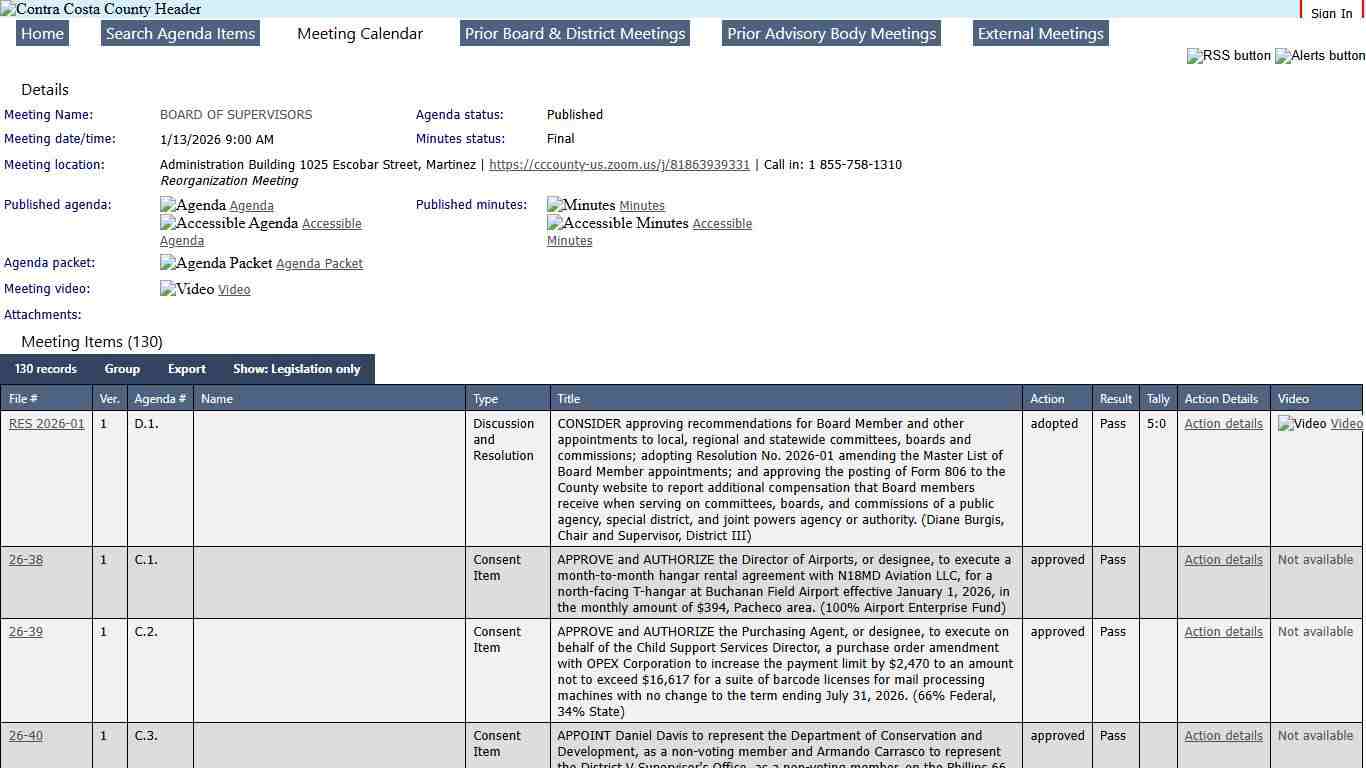 CONTRA COSTA COUNTY - Meeting of BOARD OF SUPERVISORS on 1/13/2026 at 9:00 AM